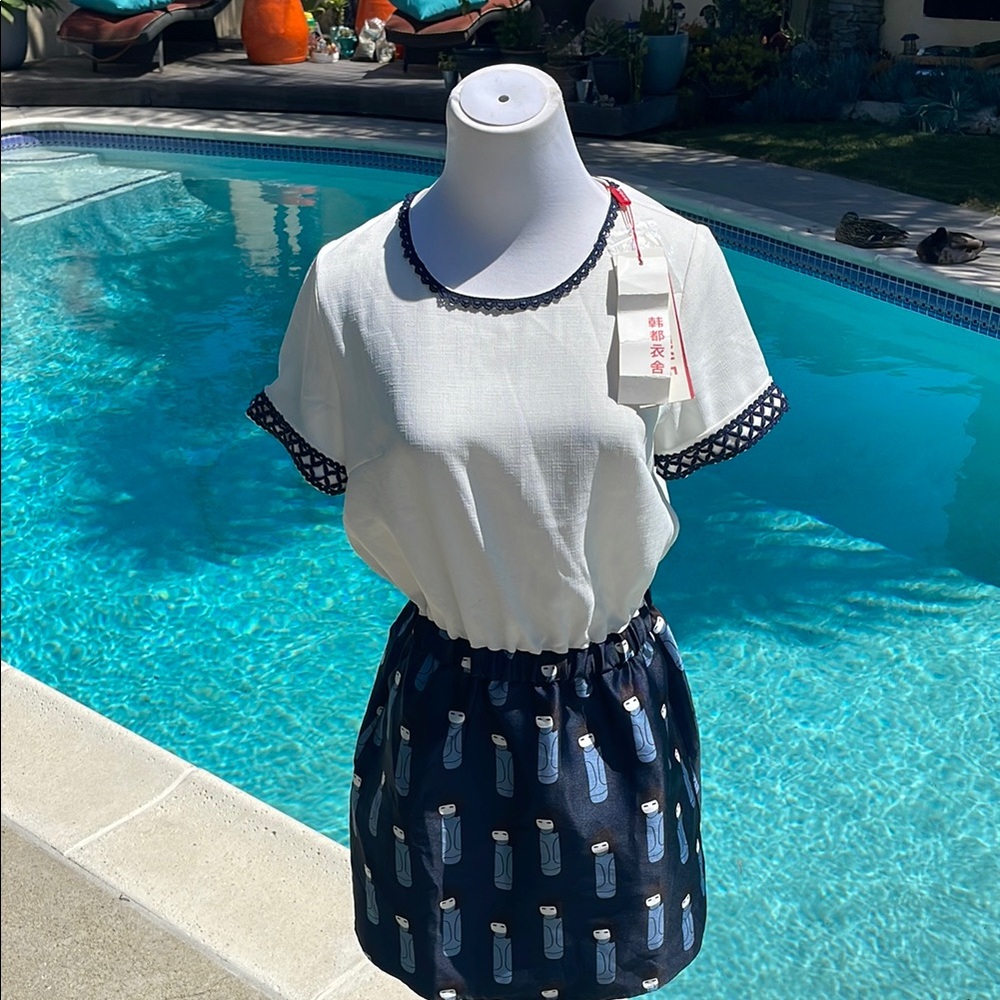 NWT| White and Navy Dress with Asian Print